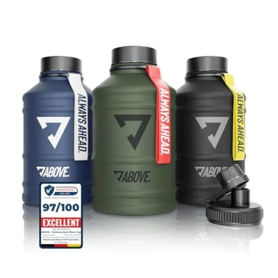 Imagen de ABOVE. Botella de Acero Inoxidable 1.3L / 2.2L I Sin BPA 2 Tapas Incluidas XXL Resistente y Antifugas para Fitness, Deporte Gimnasio (NON TERMICA) (2.2L Negro)