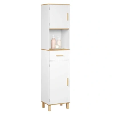 Imagen de EUGAD Armario Baño Alto, Columna de Almacenamiento, Mueble Blanco con 2 Puertas, 4 Compartimentos Interiores, 1 Compartimento Abierto y Cajón, MDF, 39x30x179 cm
