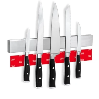 Imagen de Soporte iman cuchillos cocina Barra magnética porta de cocina, montaje en pared sin taladro con banda adhesiva 3M, acero inoxidable, 40 cm