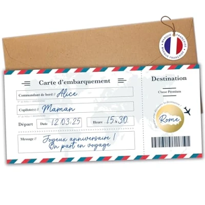 Imagen de Tarjeta para rascar viaje sorpresa de embarque personalizable regalar Billete avión anuncio regalo cumpleaños En francés Modelo blanco