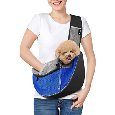 Imagen de Pawaboo Bolso Bandolera para Perros, Bolsa Portátil Mascotas con Correa Ajustable y Bolsillos, de Mensajero Transpirable Cómoda Cachorros Gatitos Viajar, M, Azul