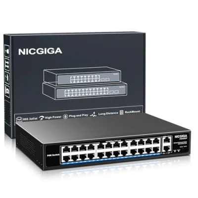 Imagen de Conmutador PoE de 24 puerto no administrado,24 PoE+ a 400W,2 enlace ascendente Gigabit,conmutador alimentación por Ethernet red NICGIGA 26 puertos,modo VLAN,extensión 250m