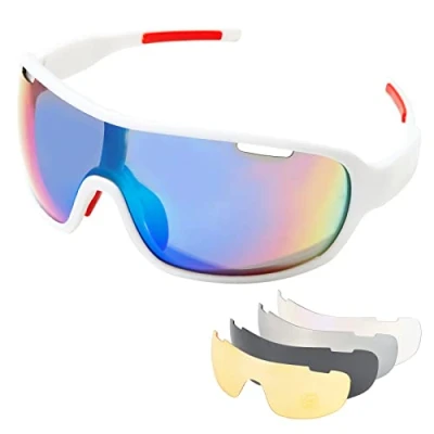 Imagen de SAWUTPV Gafas de Ciclismo Polarizadas Sol Deportivas para Hombre y Mujer Viento Arena Radiación con 5 Lentes Intercambiables (Blanco)