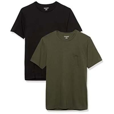 Imagen de Amazon Essentials Camiseta de manga corta con bolsillo, cuello redondo y corte ajustado Hombre, Pack 2, Negro/Verde Oliva, XS