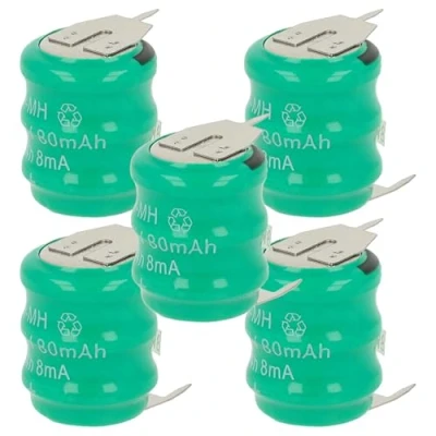 Imagen de vhbw 5X NiMH Batería de botón Repuesto Tipo V80H 3 Pines 80 mAh 3,6 V Compatible para lámparas solares, etc.
