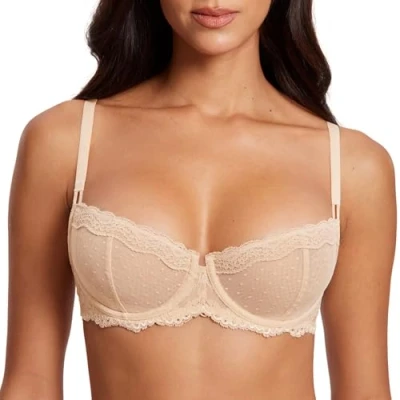 Imagen de DOBREVA Sujetador Balconette Transparente con Aros y Encaje Sexy Sin Forro para Mujer Beige 90D