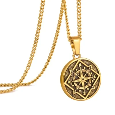 Imagen de murtoo cadena para hombre, collar con brújula colgante plata y oro, moneda de placas, hombre mujer, Acero inoxidable, regalo 50cm,