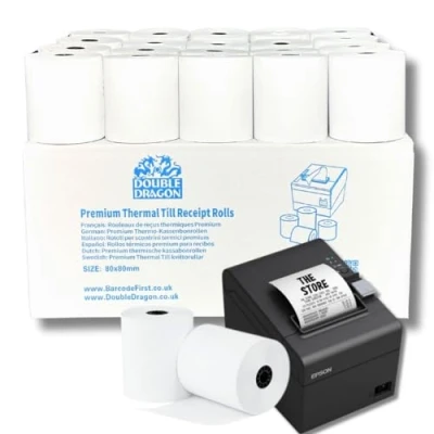 Imagen de Double Dragon, Rollo de papel térmico premium 80 x mm para impresora EPOS, terminal POS, caja registradora [paquete 20]