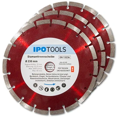 Imagen de IPOTOOLS Disco Diamante 3x 230 De Para Hormigón, Ladrillo, Piedra Natural, Piedra, Segmento 10 Mm, Agujero 22,23 Mm