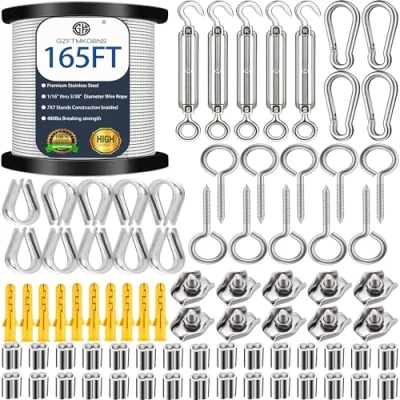 Imagen de 80Pcs Cable Acero 2MM 50M,Cable Inoxidable 304,Alambre Plastificado,Tensores de Alambre M5 Para Tendedero Exterior,Tensor Vallas