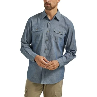 Imagen de Wrangler Authentics Camisa Tejida clásica de Manga Larga Abotonada, Dark Chambray, L para Hombre
