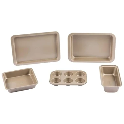 Imagen de Salter BW12603GEU7 Bakes 5 piezas juego de hornear tostador recubierto antiadherente, bandeja para hornear, sartén cuadrada, lata pan, muffin, Horno seguro hasta 220 C, oro