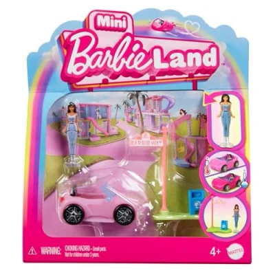 Imagen de Barbie mini Barbieland Coche descapotable que cambia de color con el agua para figuras muñeca pequeña morena y señal tráfico, juguete +4 años (HYF42)