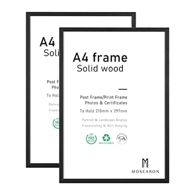 Imagen de marco de fotos madera A4, paquete 2 marcos negra 21 x 30 cm, certificado para montaje en pared o mesa, juego
