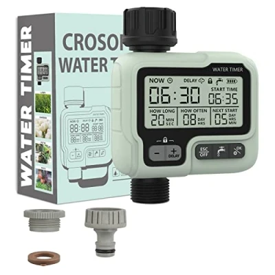 Imagen de CROSOFMI Programador Riego Automatico Jardin Temporizador de Aspersión por Goteo IPX5 Resistente al Agua/Retraso Lluvia/Modo Manual/Bloqueo para Niños