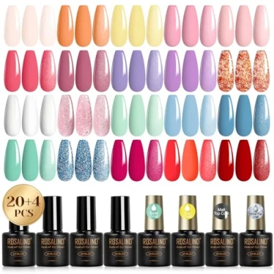 Imagen de ROSALIND Esmaltes Semipermanentes Para Uñas, 24 Piezas Naranja Amarillo Rosa Púrpura Verde Azul Pastel Semipermanente UV LED Pintauñas Primavera Verano Nail Art Manicure