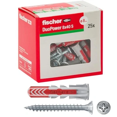 Imagen de fischer 544017 25 Tacos Duopower con Tornillo, 8 x 40 mm, para Pared Completa, ladrillo Perforado, cartón Yeso, Gris, Set Piezas