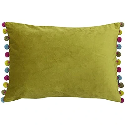 Imagen de Paoletti Riva Fiesta Rectangular Cojín Verde Multicolor Pompom Bordes Faux Velvet Reversible Cierre De Cremallera 100% Polyester 35 x 50Cm (14&quot; 20&quot; Pulgadas), poliéster, Bambú/Multi, 50 1 cm