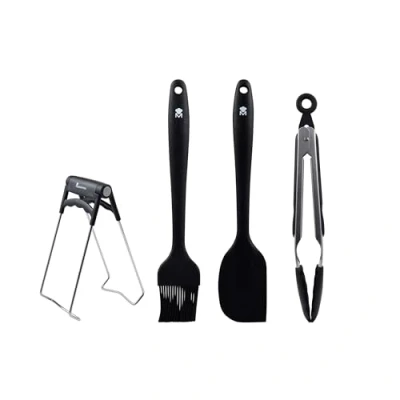 Imagen de MasterPRO Foodies Juego de 4 Utensilios Cocina Negros Fabricados en Resistente Silicona y Acero Inoxidable Cepillo 26cm Espátula 28cm Pinza para Alimentos Bol 18cm
