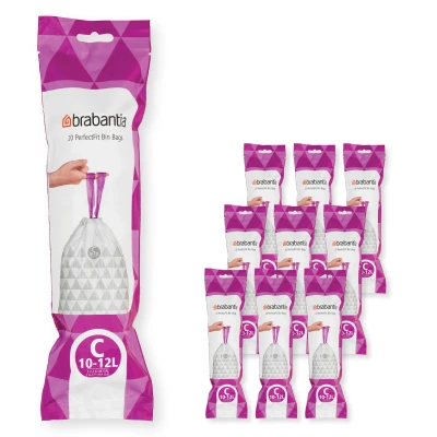 Imagen de Brabantia Bolsas de basura PerfectFit multipack (código C/10 12L), ultrarresistentes, asas deslizantes, 10 rollos, blancas, 200 sacs