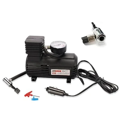 Imagen de A2ZWORLD Mini compresor portátil para coche, inflador de neumáticos portátil, 12 V, profesional, bomba aire con manómetro analógico, toma encendedor cigarrillos, forma