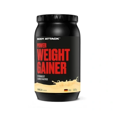 Imagen de Body Attack Power Weight Gainer (aumento de peso), vainilla, 1,5 kg, 100% desarollo masa, carbohidrato proteína en polvo para el aumento muscular con suero, ideal Hardgainer