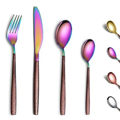 Imagen de Berglander juego de cubiertos 24 piezas con mango superficie lunar y cabeza arco iris brillante chapado en titanio acero inoxidable cuberteria, utensilios, servicio para 6