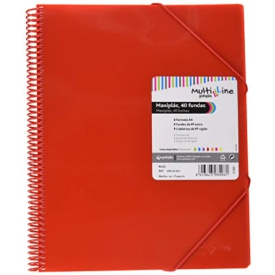 Imagen de Grafoplás Carpeta Espiral con 40 Fundas Transparentes A4 Color Rojo PVC Tapas Polipropileno Gomas de Cierre Maxiplás Multiline
