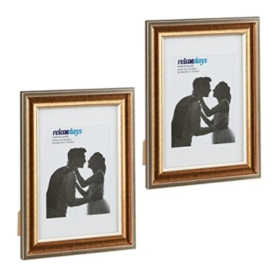 Imagen de Relaxdays Marcos Fotos, Pack de 2, 20x30 cm, Look Retro, Horizontal o Vertical, Pared Sobremesa, Paspartús, Dorado