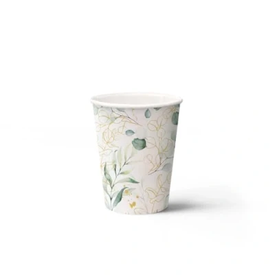 Imagen de PAW Vasos Desechables Cafe (250 ml) I Paquete de 8 Cartón Ideal para Bodas, Fiestas Infantiles, Cumpleaños, Celebraciones Impresión Papel al Agua Eucalipto Dorado