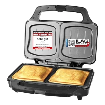 Imagen de Emerio Sandwichera XXL apta para todos los tamaños de tostadas, sin BPA, forma concha, fácil limpiar, queso no gotea, ganador precios/rendimiento, prueba 03/2019, 900 W