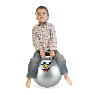 Imagen de Relaxdays Skippy Ball Balón Hinchable (45 cm) Pelota Saltarina Infantil, Bola Saltadora con Carita Estampada, Agarradera, Ø, Interior, Exterior, Gris