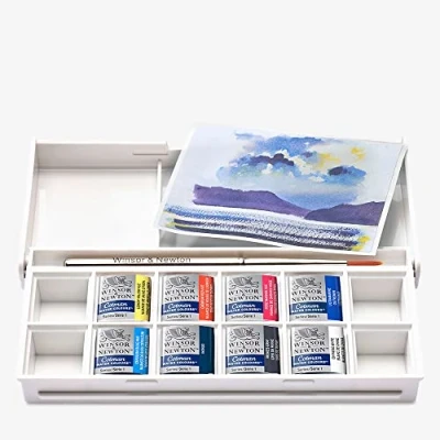 Imagen de Winsor &amp; Newton Acuarela Cotman Set temático de bolsillo Cielos, 8 medio godets + 1 pincel viaje, colores surtidos