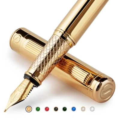 Imagen de Scriveiner Pluma Estilográfica Oro con Detalles de 24k y 18K para una Caligrafía Suave Elegante, Plumilla Convertidor Instalado Schmidt, Incluye Dos Cartuchos Tinta, Azul Negro