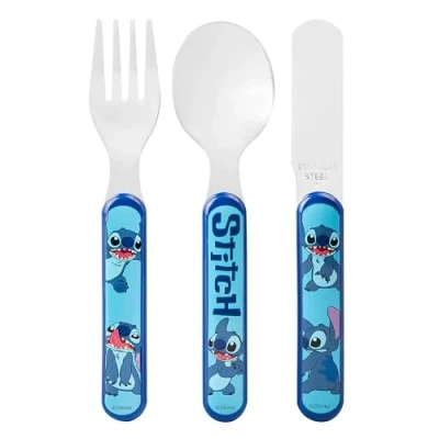 Imagen de Stitch Juego de cubiertos 3 piezas metal, cuchillo, tenedor y cuchara reutilizables para niños, tamaño infantil, hechos acero inoxidable apto alimentos plástico ABS, niños 12