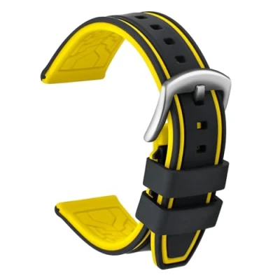 Imagen de ULLCHRO Correa Reloj Recambios Relojes Caucho Bicolor Hombre Mujer 20, 22, 24, 26mm Silicona con Hebilla de Acero Inoxidable Cepillado Plata (26mm, Negro y Amarillo)