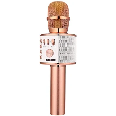 Imagen de BONAOK Micrófono Inalámbrico de Karaoke Bluetooth, 3 en 1 Portátil Mic Regalo Cumpleaños Equipo Altavoces para Ffiestas el Hogar iPhone/Android/iPad PC (Oro Rosa)