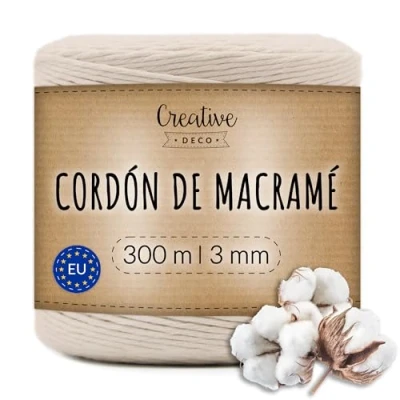 Imagen de Creative DECO 2 3mm x 300m Cuerda Macramé Hilo Algodón Beige Espesor + 0.5 mm Cordón Rollo Grande Natural Grueso Fuerte Decoración Manualidades Artesanía Bricolaje y Embalaje