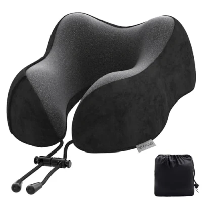 Imagen de Yomisee Almohada cervical de avión, cojín viaje para coche, espuma viscoelástica con funda aterciopelada, adultos, viajes, camping, oficina y casa (negro)