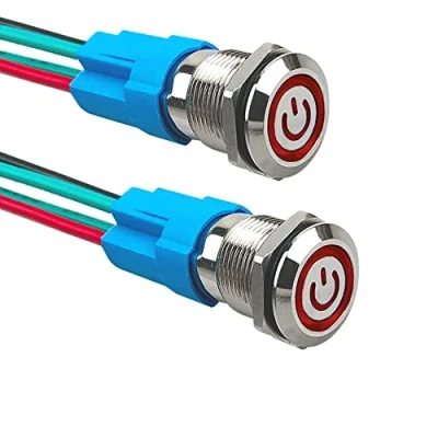 Imagen de Aiqeer 2 Piezas 12 mm Interruptores de Botón Autoblocante, 12V / 24V 3A Interruptor LED Rojo, Pulsador Metálico Impermeable, con Enchufe Precableado
