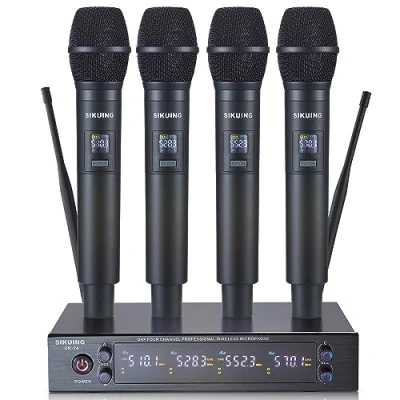 Imagen de SIKUING Sistema de microfonía inalámbrica UHF 4 Canales con micrófonos Mano inalámbricos, 4x50 Frecuencias Ajustables, Ideal para reuniones Karaoke en Iglesias, Alcance 300 pies