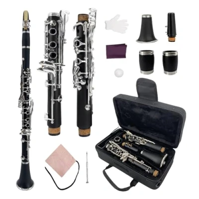 Imagen de Yinfente clarinete profesional de madera ebonita A Key Flat 2 barriles con estuche tela, cañas para clarinete, accesorios grasa corcho