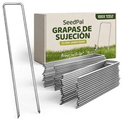 Imagen de SeedPal Grapas de sujecion antioxido Anclaje Tierra para Malla Antihierbas, Valla y Red 150 MM Largo, 25 Ancho, Ø 3 (100 Piezas)