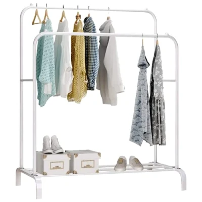 Imagen de edihome, Burro Ropa, Perchero Colgador de Doble, Vestidor, 110X150X54 cm, Resistente, Metálico, Soporte para Zapatos, Organizador, Montaje Fácil (Blanco)
