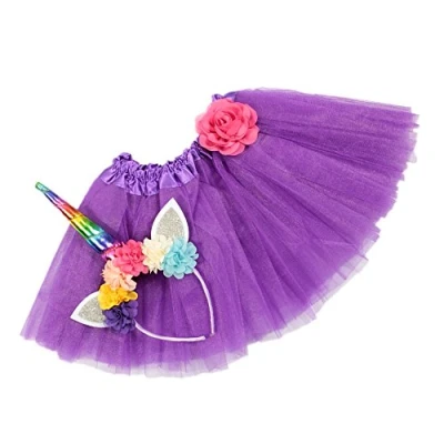 Imagen de Nishine Tutu Falda Vestido + Unicornio Cuerno Diadema Conjunto Niños Cumpleaños Foto Props Outfit (Morado)
