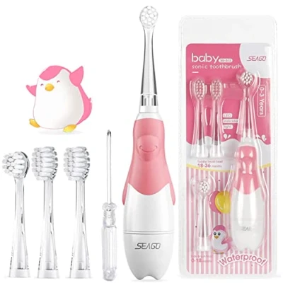 Imagen de Seago SG 513 Cepillo de Dientes Eléctrico Niños Infantil y Bebés 0 a 3 Años con LED Luces,2 Min Temporizador Inteligente,4 Cabezales Intercambiables,Impermeable IPX7 (Bebé Rosa)