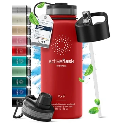 Imagen de Botella de Agua Térmica ACTIVE FLASK + Pajita (3 Tapones) sin BPA 1l &amp; 500ml Frasco Termo Acero Inoxidable Aislamiento Vacío Cantimplora Aislada Bicicleta Deporte Caliente Fría Café Té