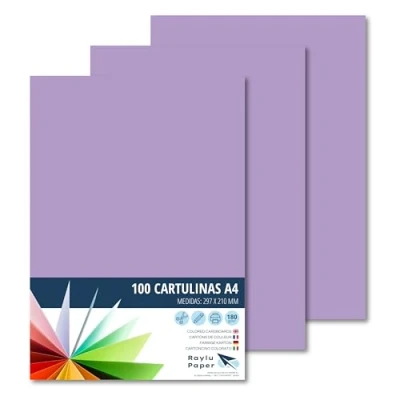 Imagen de Raylu Paper® Cartulinas A4 100 unidades de color violeta, 180gr 210 x 297 mm, Ideal para encuadernación, trabajos oficina, dibujo, manualidades. aptas uso escolar (Violeta)