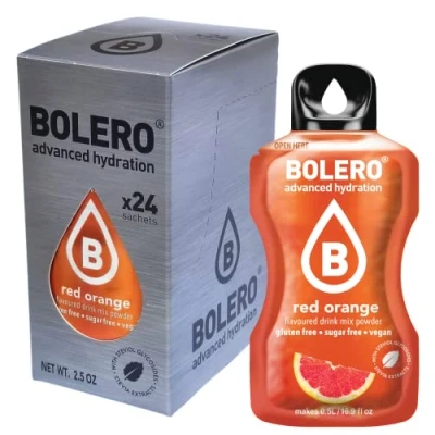 Imagen de Bolero bebida 24 bolsitas de 3 g fruta preparada en polvo soluble para fresca agua, 72 gramos endulzado con stevia (Red Orange)