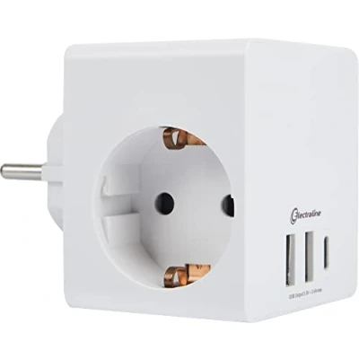 Imagen de Electraline 55085 Adaptador Regleta Base Multiple Cubo 3 Tomas Schuko USB3.4A 17W (2 USBa 1 USBC) para Cargar simultáneamente Cualquier Dispositivo electrónico (Smartphone o Tablet), Blanco